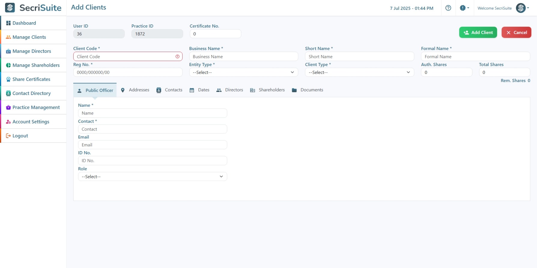 SecriSuite adding a new client profile