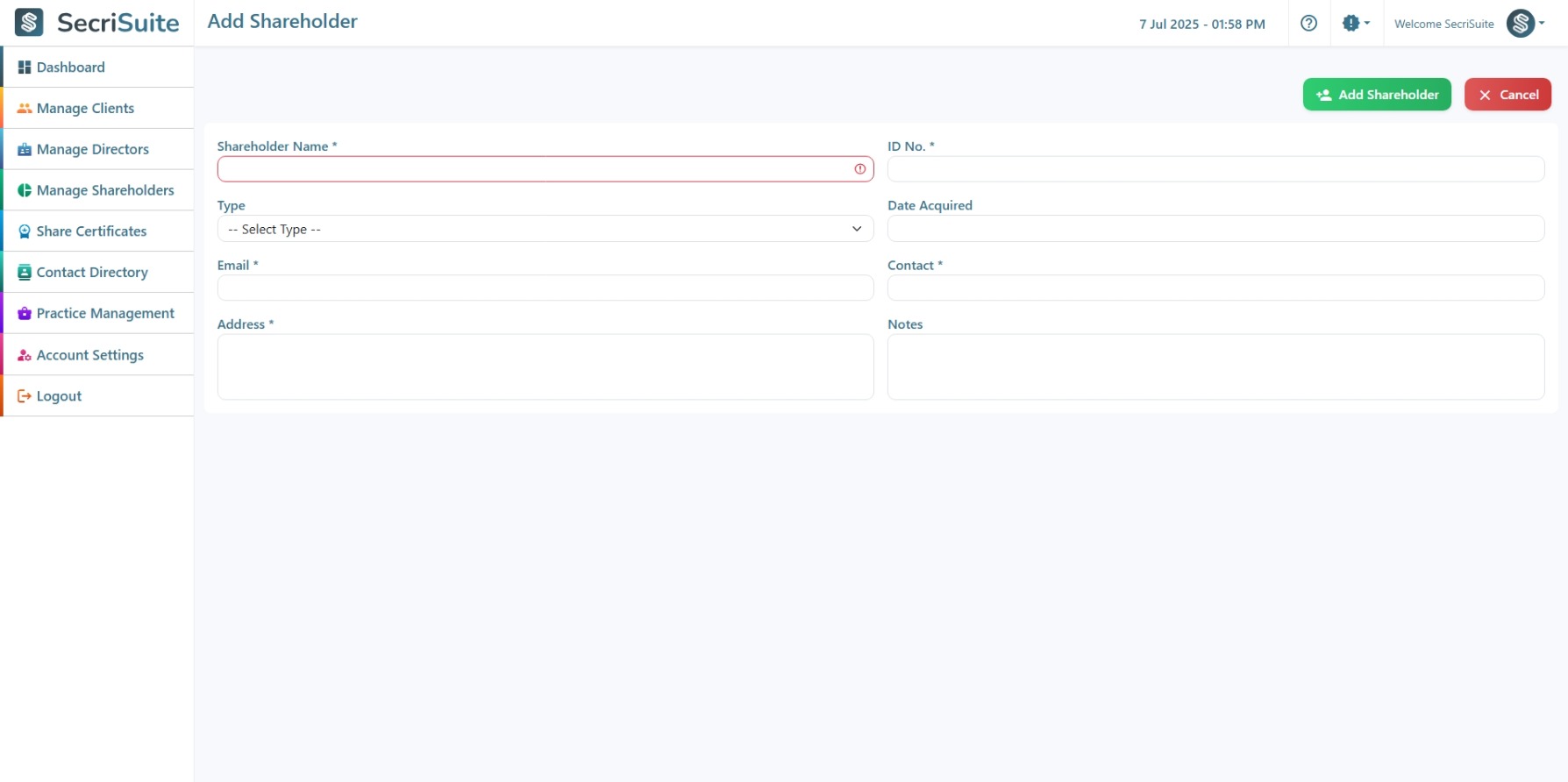 SecriSuite add a new shareholder