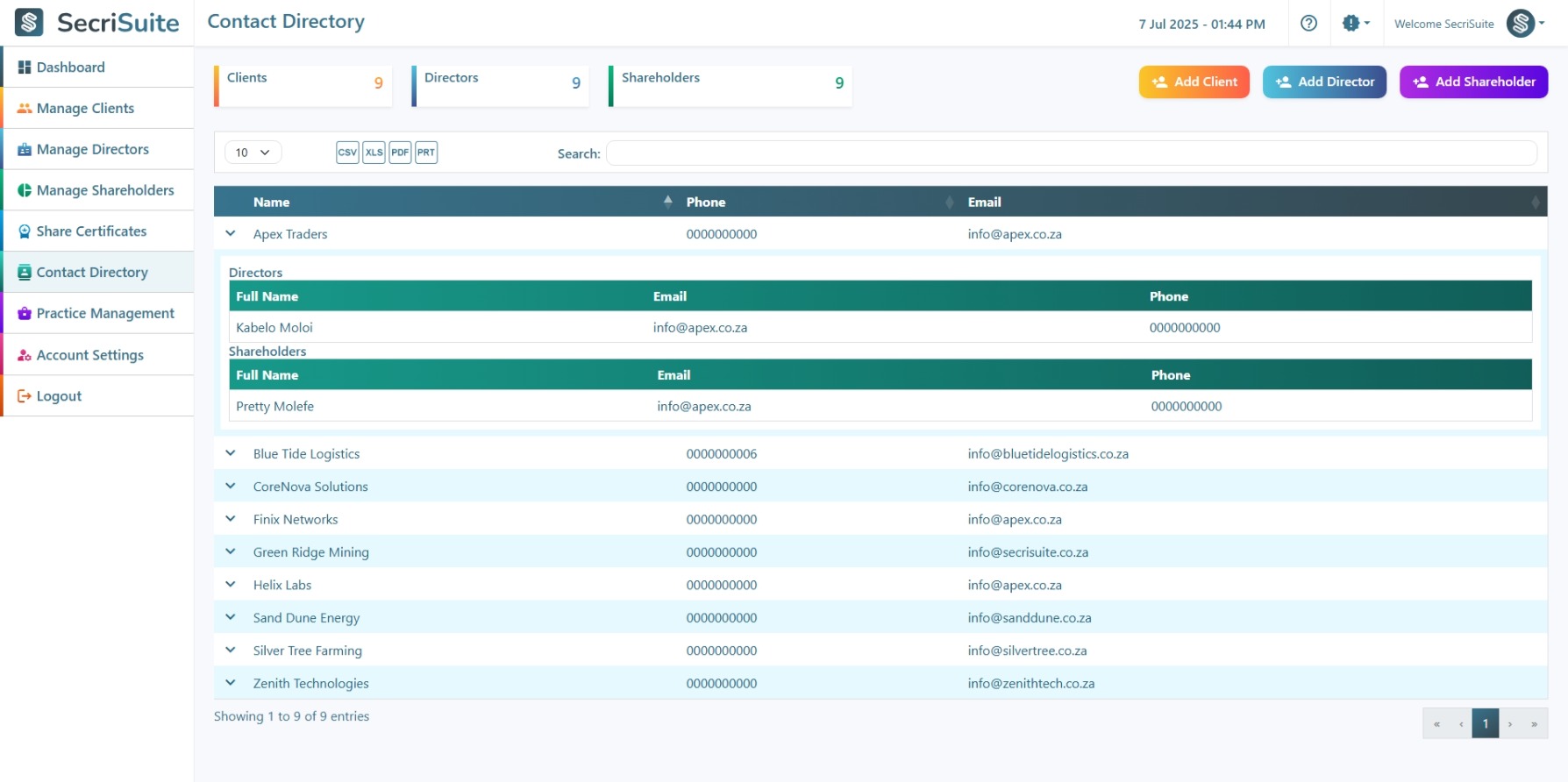 SecriSuite user contact directory