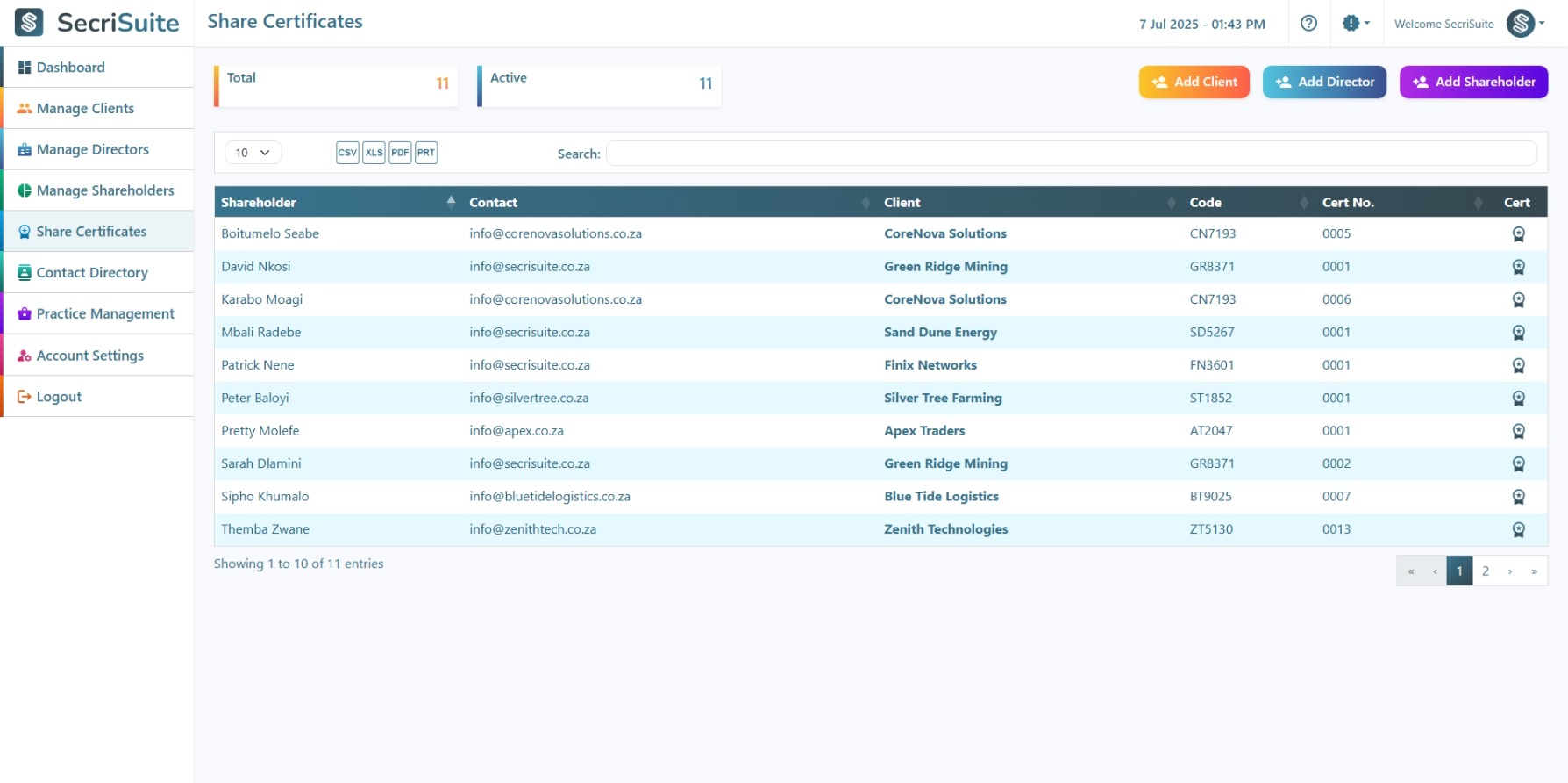 SecriSuite generate share certificates